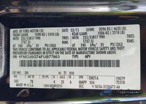 2015 Ford Escape Se z USA, uszkodzony, nr VIN 1FMCU0G74FUB77863